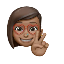 Emoji of Stef Baldivia, an illustration of a Chicana Latina with short brown hair and eyes wearing red heart shaped glasses and a blue nose ring, holding up a peace sign.