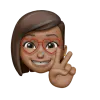 Emoji of Stef Baldivia, an illustration of a Chicana Latina with short brown hair and eyes wearing red heart shaped glasses and a blue nose ring, holding up a peace sign.